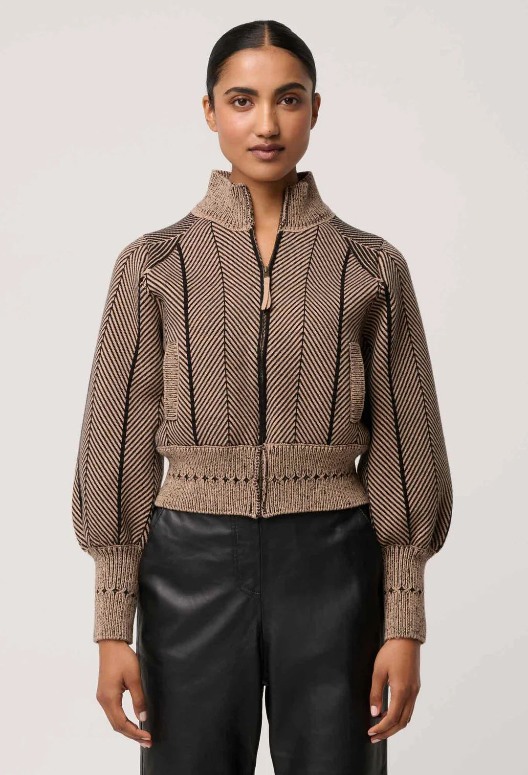 Once Was | Jeanne Wool Blend Textured Knit Bomber Jacket | Tan Chevron