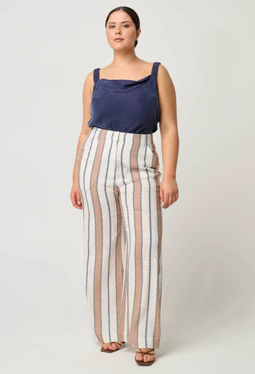 Once Was | Dynasty Linen Viscose Wide Leg Pant | Cayman Stripe