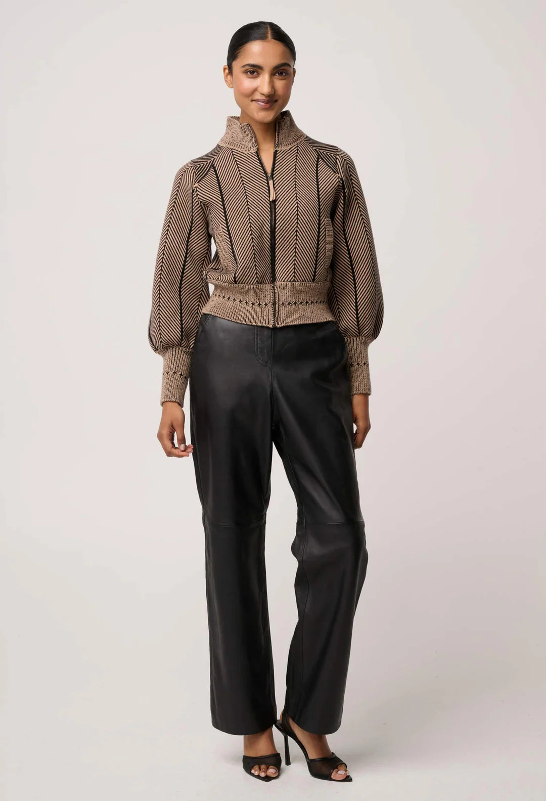 Once Was | Jeanne Wool Blend Textured Knit Bomber Jacket | Tan Chevron