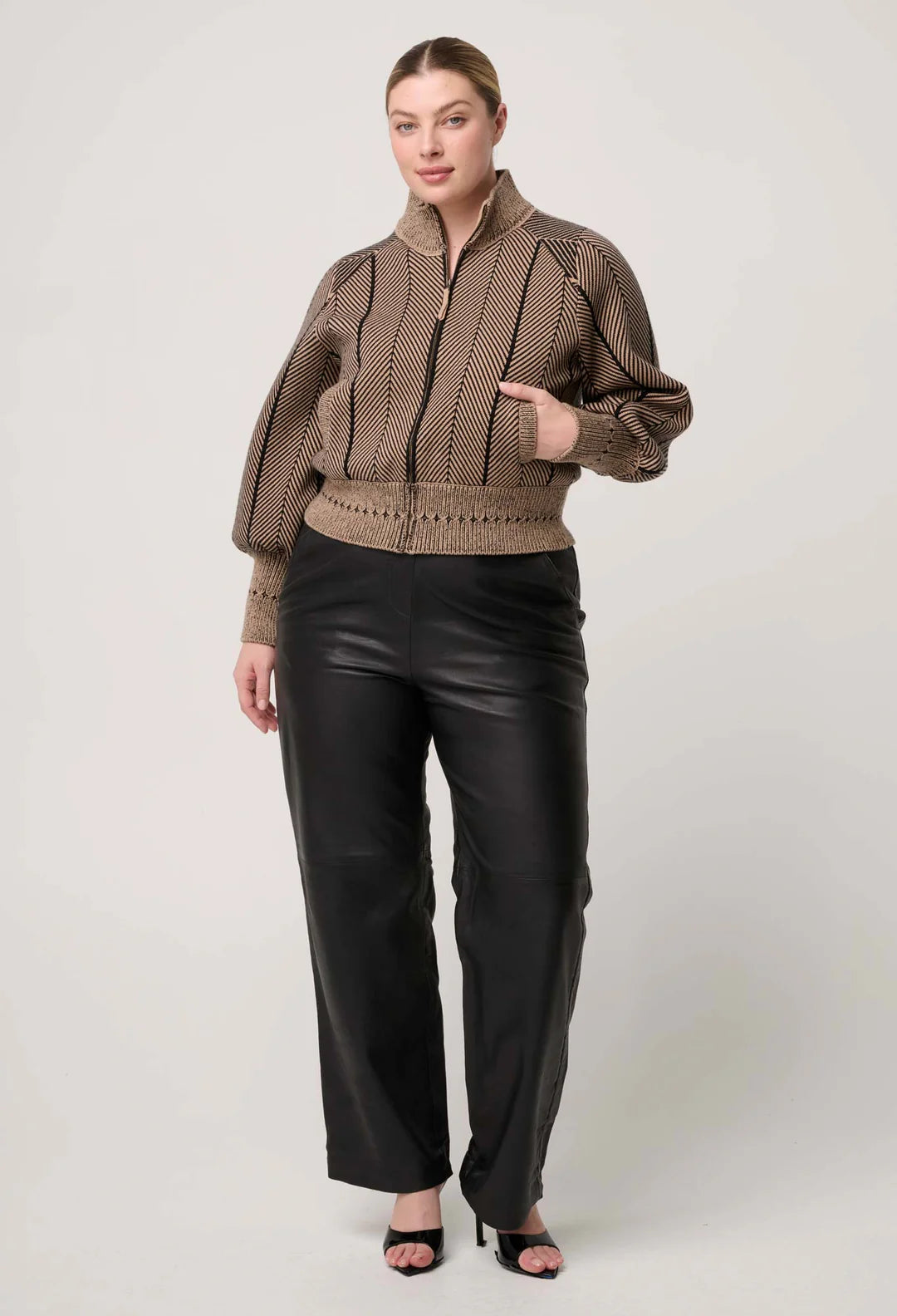 Once Was | Jeanne Wool Blend Textured Knit Bomber Jacket | Tan Chevron