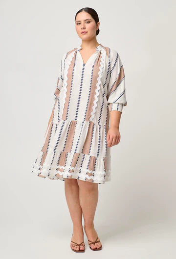 Once Was | Sanibel Rick Rack Trim Linen Viscose Raglan Sleeve Dress | Cayman Stripe