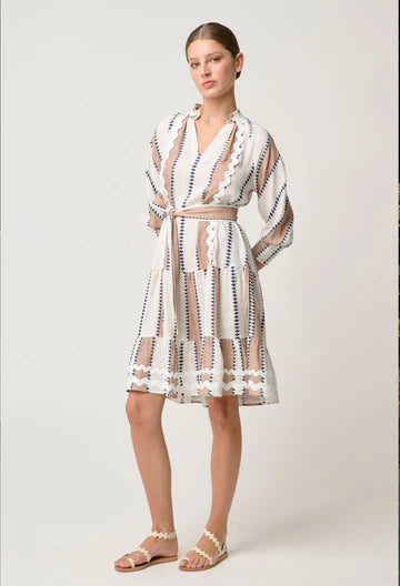 Once Was | Sanibel Rick Rack Trim Linen Viscose Raglan Sleeve Dress | Cayman Stripe