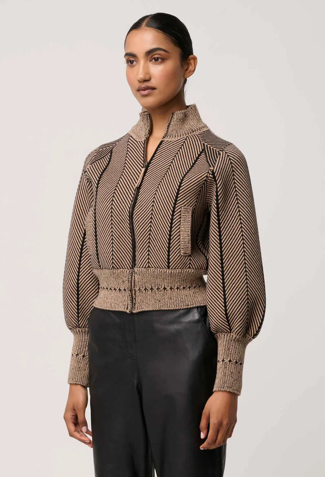 Once Was | Jeanne Wool Blend Textured Knit Bomber Jacket | Tan Chevron