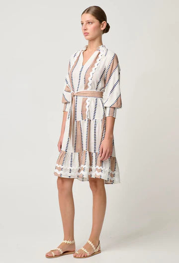 Once Was | Sanibel Rick Rack Trim Linen Viscose Raglan Sleeve Dress | Cayman Stripe