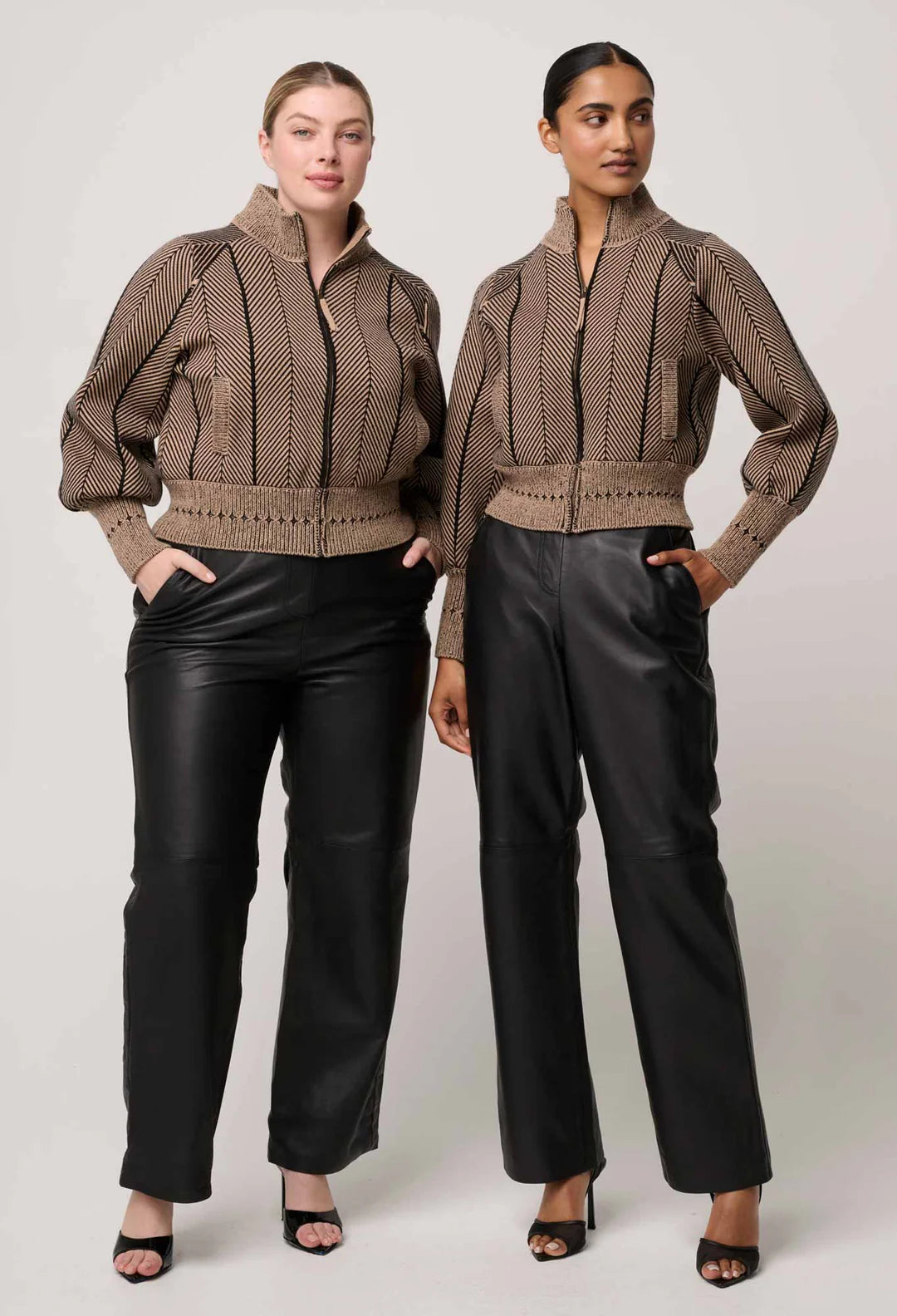 Once Was | Jeanne Wool Blend Textured Knit Bomber Jacket | Tan Chevron