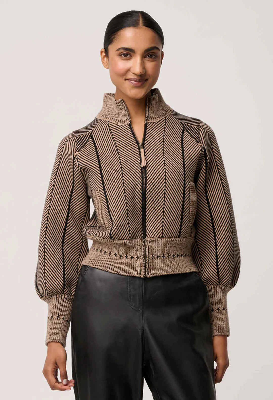 Once Was | Jeanne Wool Blend Textured Knit Bomber Jacket | Tan Chevron