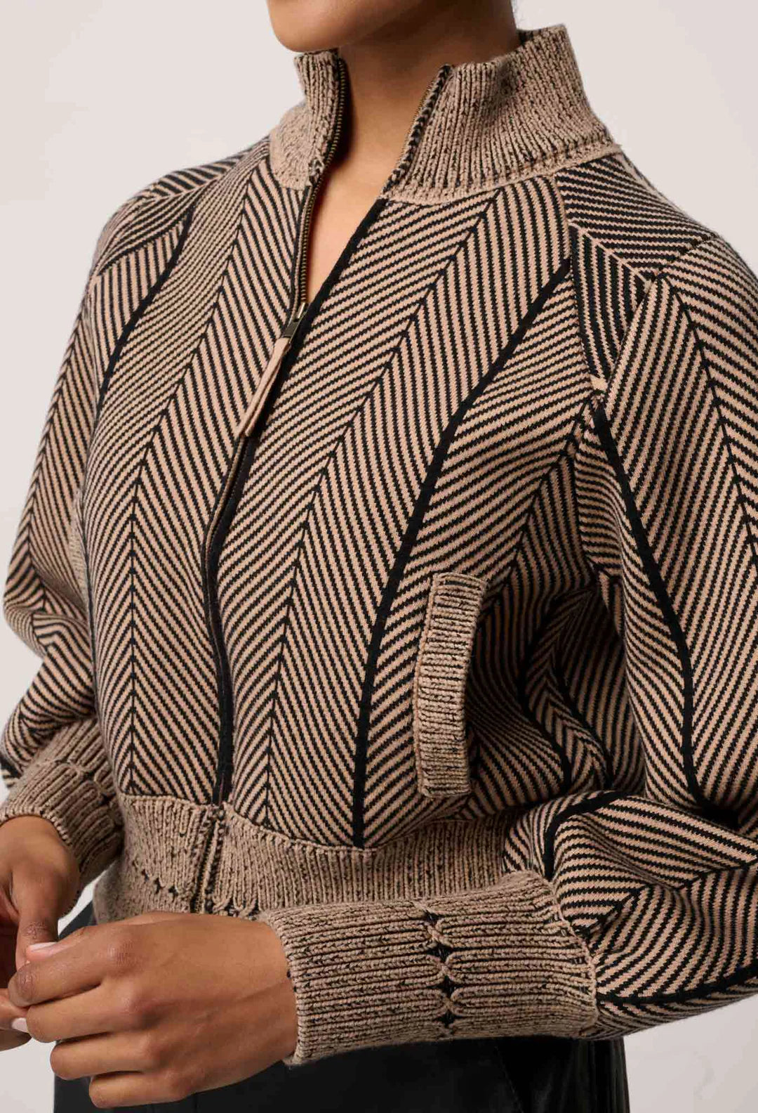 Once Was | Jeanne Wool Blend Textured Knit Bomber Jacket | Tan Chevron