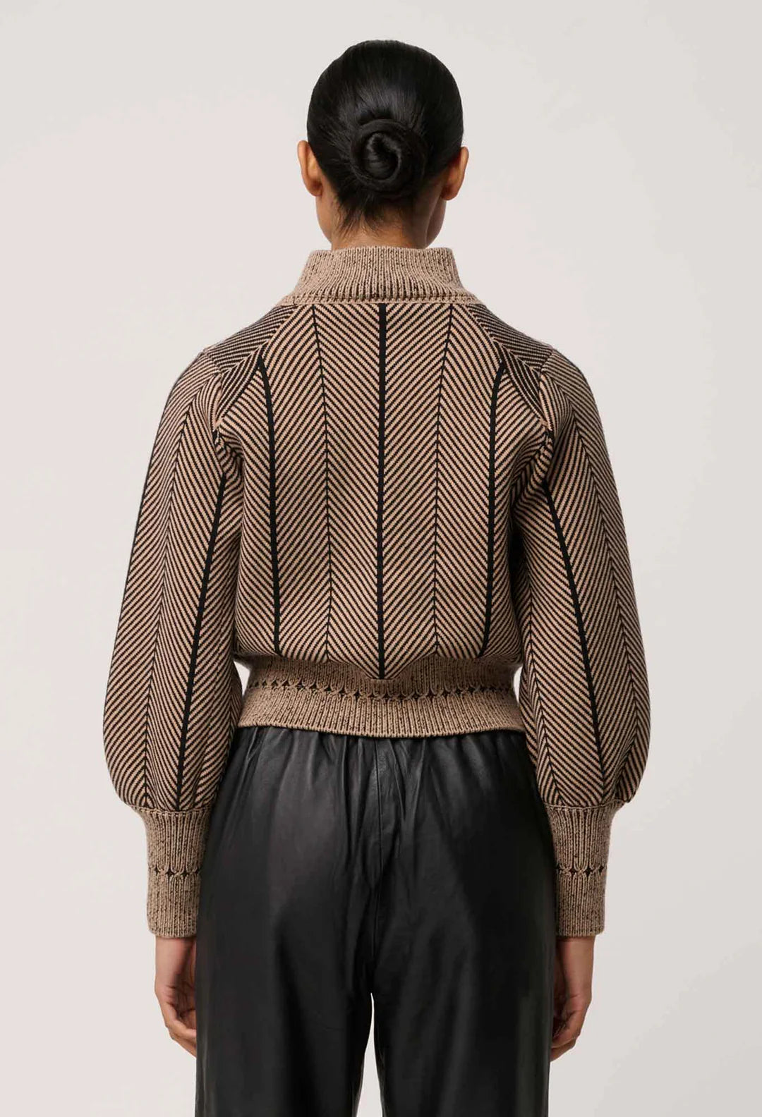 Once Was | Jeanne Wool Blend Textured Knit Bomber Jacket | Tan Chevron