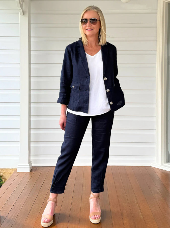 Gordon Smith | Sarah Linen Pleat Hem Pant | Navy