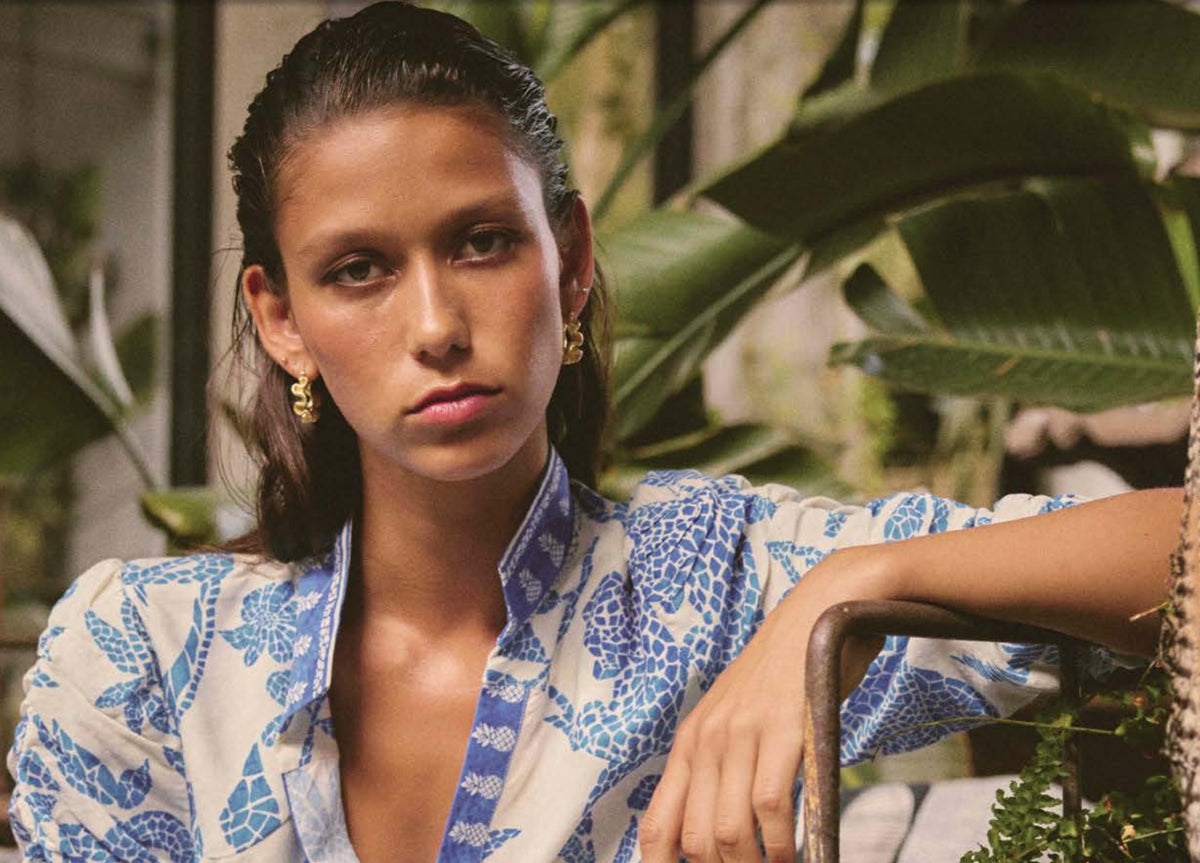 Once Was | Calantha Rouched Sleeve Shirt | Azure Mosaic