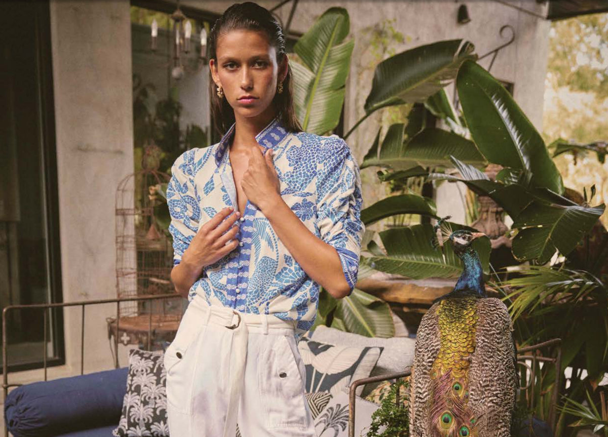 Once Was | Calantha Rouched Sleeve Shirt | Azure Mosaic