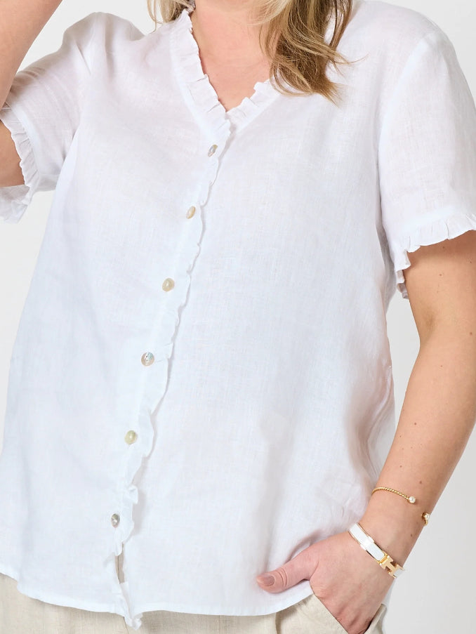 Gordon Smith | Audrey Linen Short Sleeve Ruffle Shirt | White