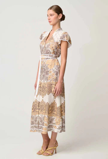 Once Was | Novia Linen Viscose Embroidered Yoke Placement Print Flutter Sleeve Maxi | Golden Mallow