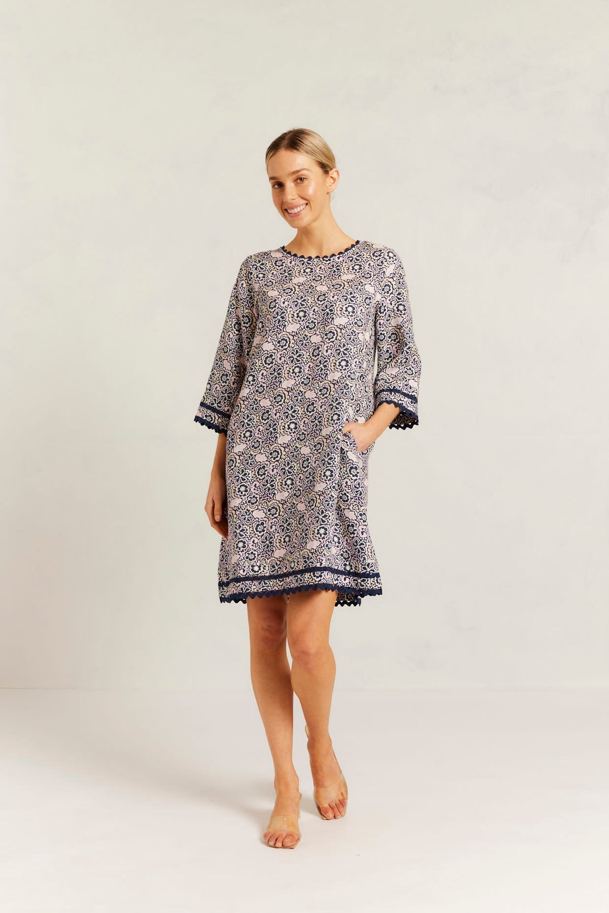 Alessandra | Claire Linen Dress | Navy Raya Print