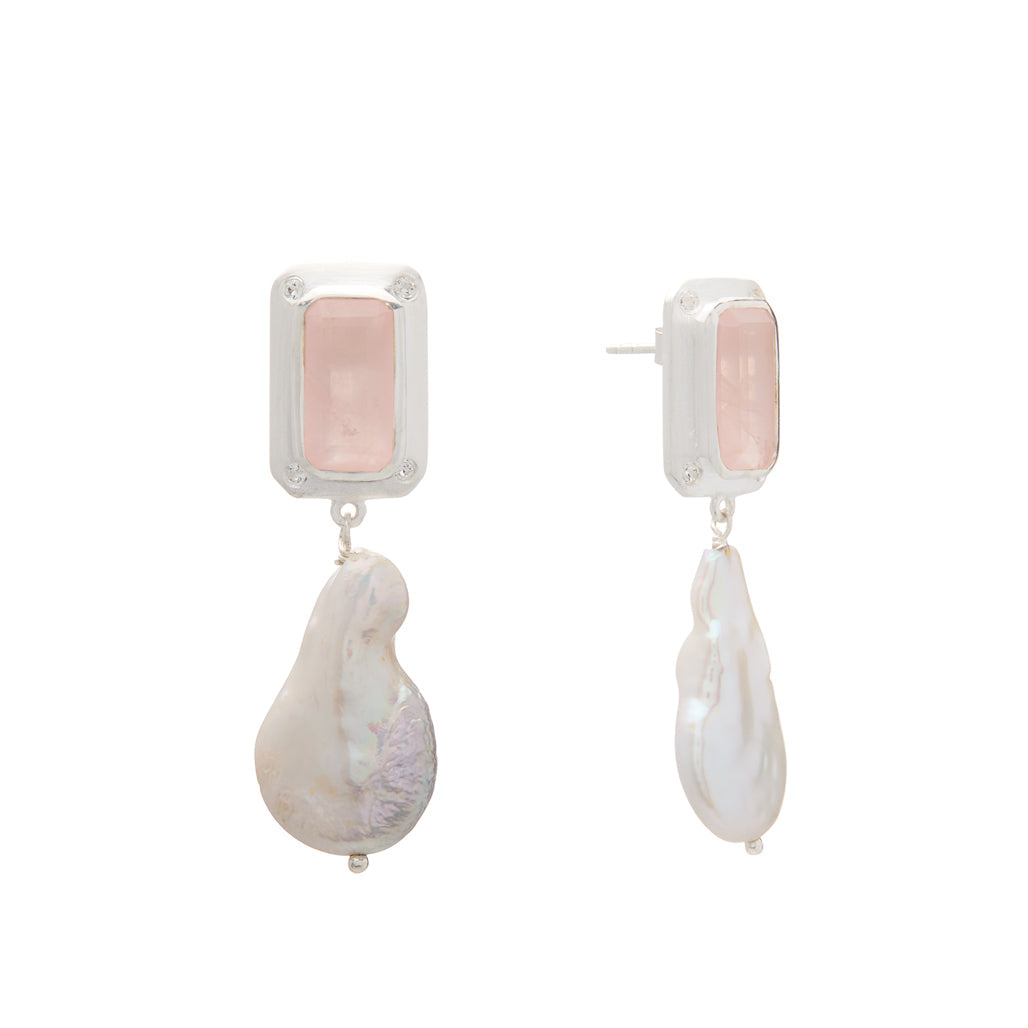 Murkani | Hanging Pearl Earring with Rose Quartz &amp; White Topaz | Sterling Silver