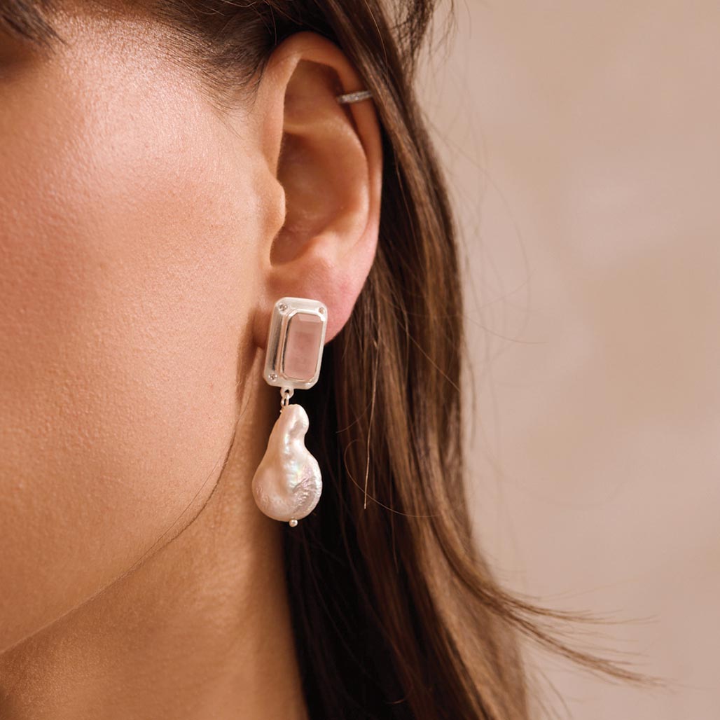 Murkani | Hanging Pearl Earring with Rose Quartz &amp; White Topaz | Sterling Silver