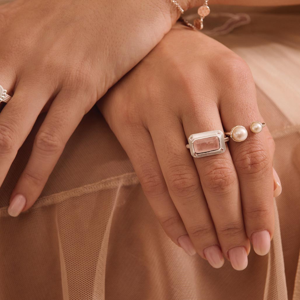 Murkani | Rose Quartz Ring with White Topaz | Stirling Silver