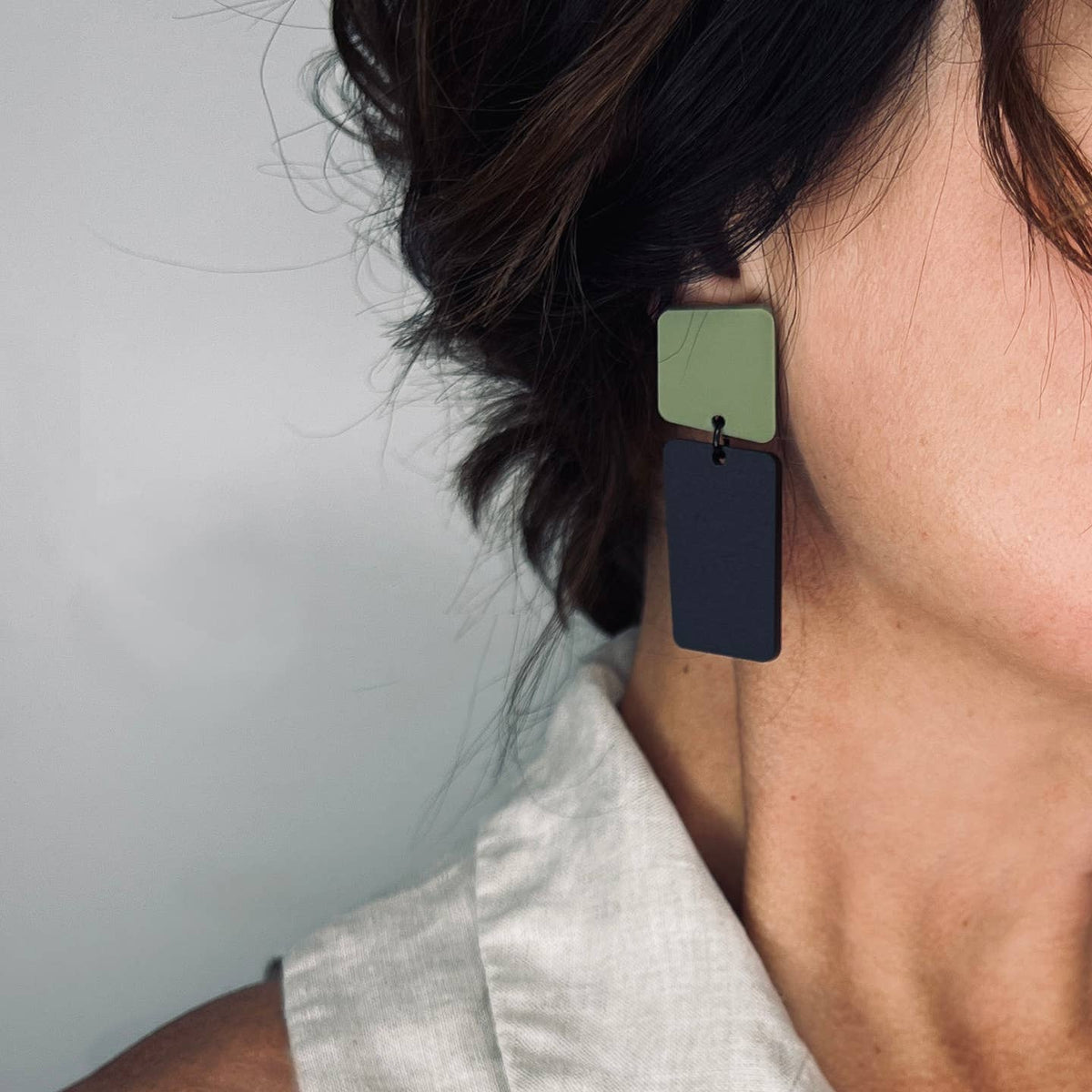 Mingled | Bauhaus | Asymmetrical Dangle Earrings | Olive &amp; Black