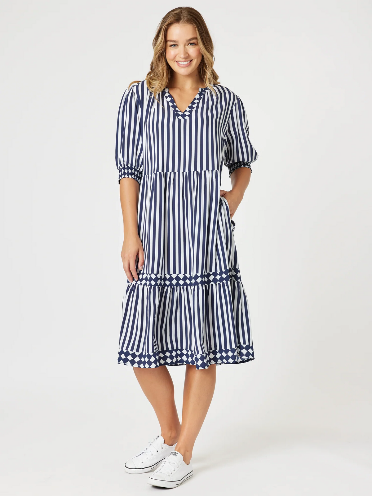 Threadz | Harlequin Stripe Tier Dress | Navy/White