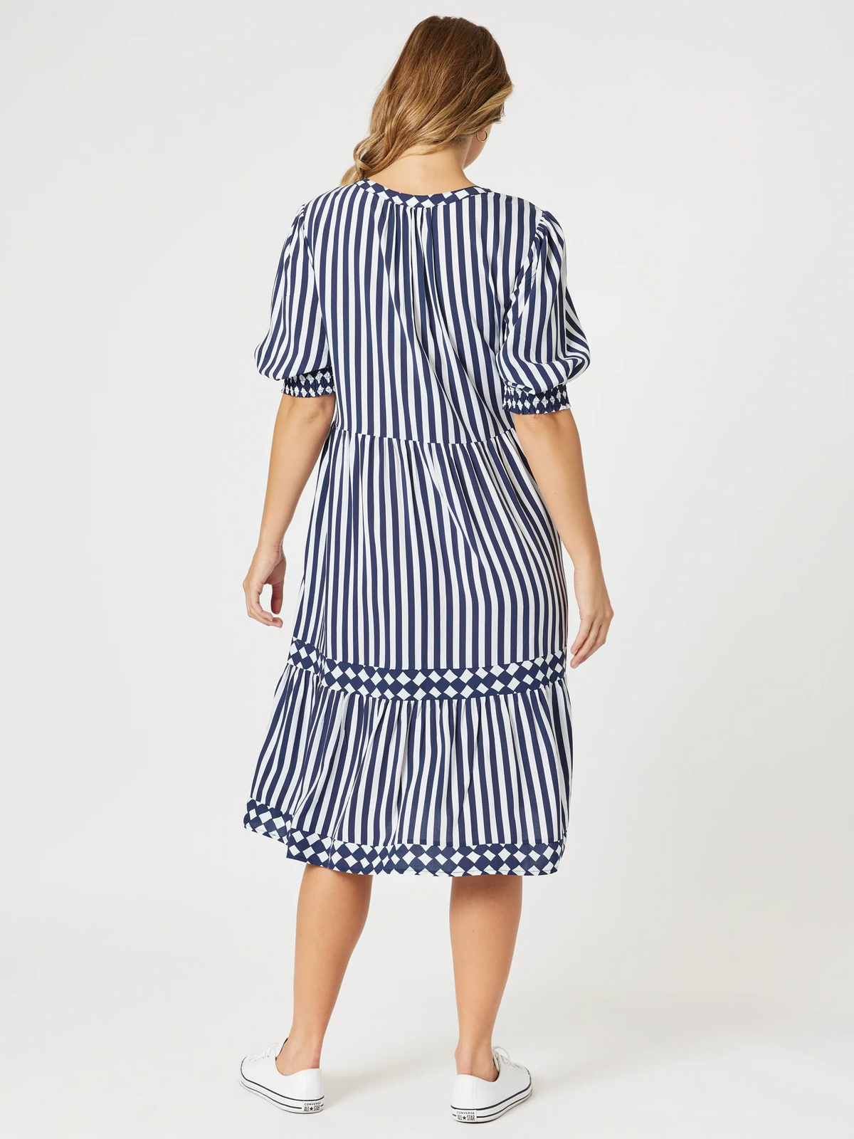 Threadz | Harlequin Stripe Tier Dress | Navy/White