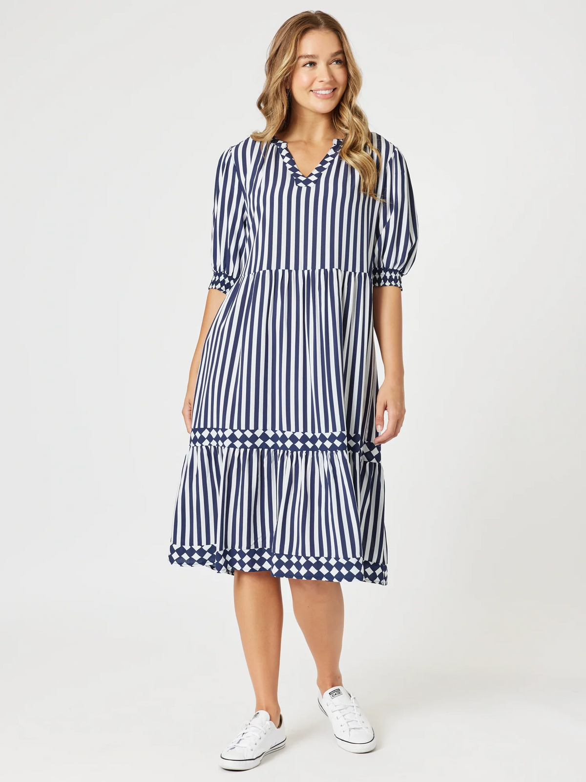 Threadz | Harlequin Stripe Tier Dress | Navy/White