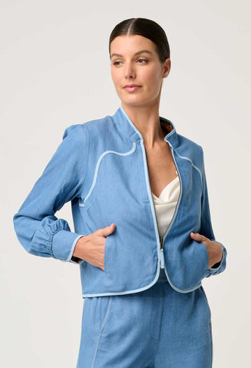Once Was | Aurora Reversible Viscose &amp; Tencel Fringe Jacket | Petinos Floros/Blue Ash
