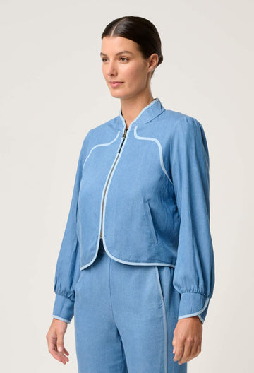 Once Was | Aurora Reversible Viscose &amp; Tencel Fringe Jacket | Petinos Floros/Blue Ash