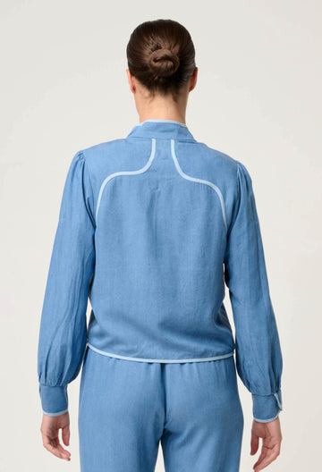 Once Was | Aurora Reversible Viscose &amp; Tencel Fringe Jacket | Petinos Floros/Blue Ash