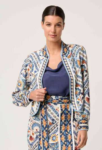 Once Was | Aurora Reversible Viscose &amp; Tencel Fringe Jacket | Petinos Floros/Blue Ash