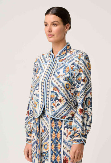 Once Was | Aurora Reversible Viscose &amp; Tencel Fringe Jacket | Petinos Floros/Blue Ash