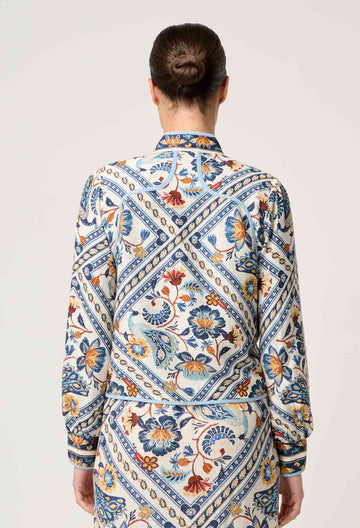 Once Was | Aurora Reversible Viscose &amp; Tencel Fringe Jacket | Petinos Floros/Blue Ash