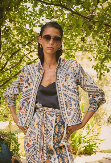 Once Was | Aurora Reversible Viscose &amp; Tencel Fringe Jacket | Petinos Floros/Blue Ash