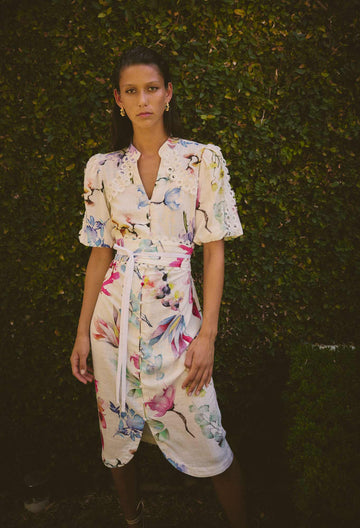 Once Was | Gaia Lace Spliced Linen Viscose Dress | Plume Blossom