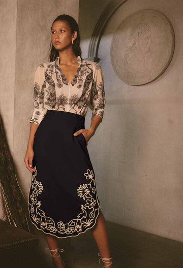Once Was | Cascadia Embroidered Linen Viscose Midi Skirt | Black