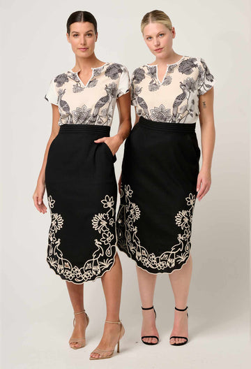 Once Was | Cascadia Embroidered Linen Viscose Midi Skirt | Black