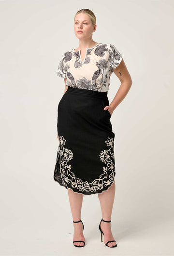 Once Was | Cascadia Embroidered Linen Viscose Midi Skirt | Black