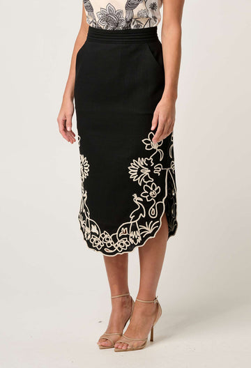 Once Was | Cascadia Embroidered Linen Viscose Midi Skirt | Black