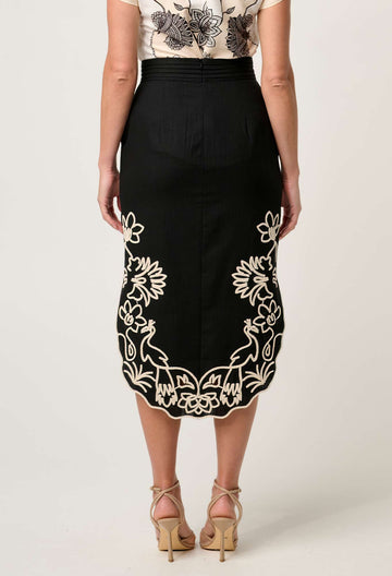 Once Was | Cascadia Embroidered Linen Viscose Midi Skirt | Black