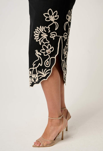 Once Was | Cascadia Embroidered Linen Viscose Midi Skirt | Black