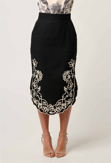 Once Was | Cascadia Embroidered Linen Viscose Midi Skirt | Black