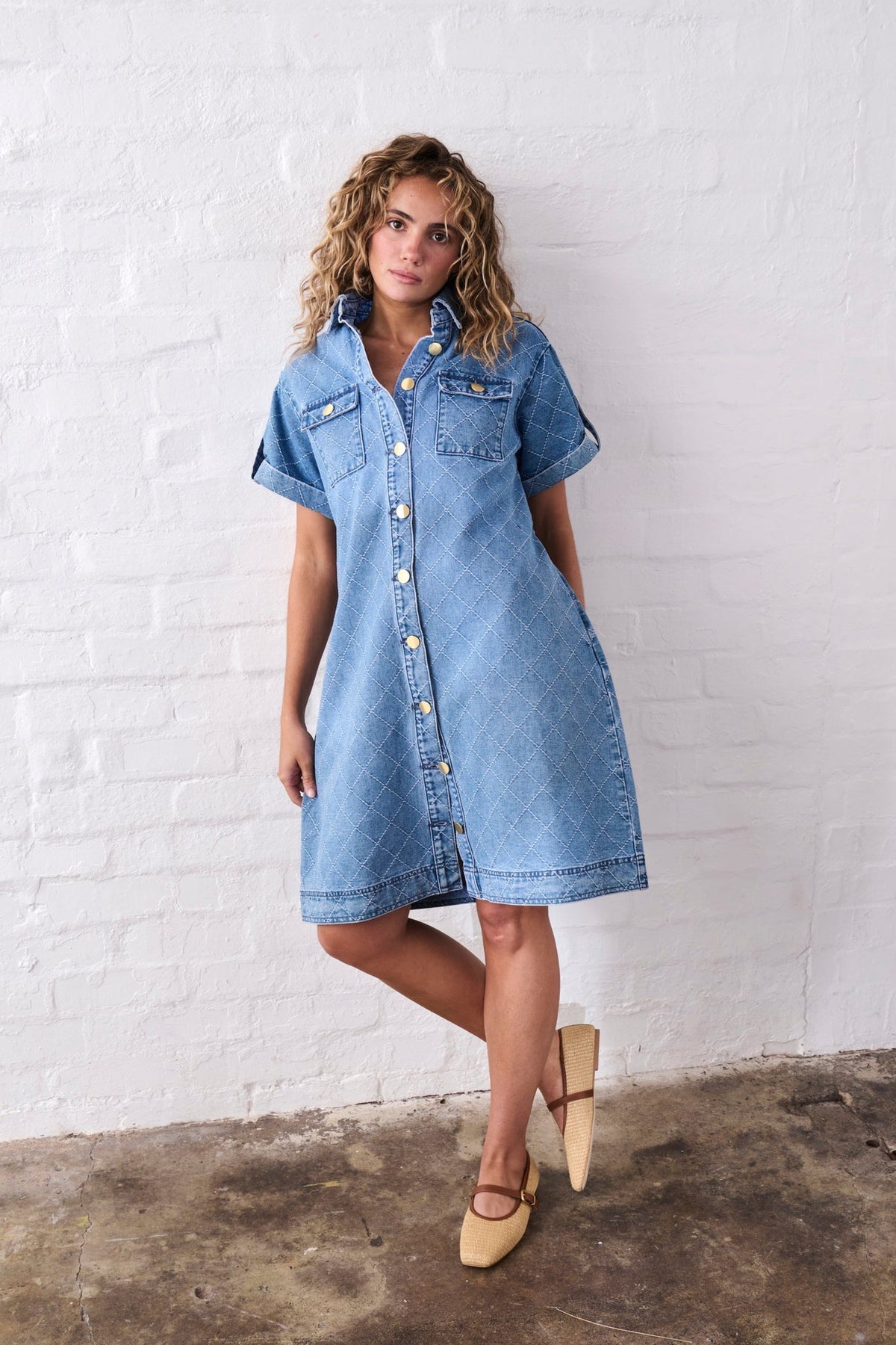 Kireina | Simone Dress | Check Stitch 70s Blue