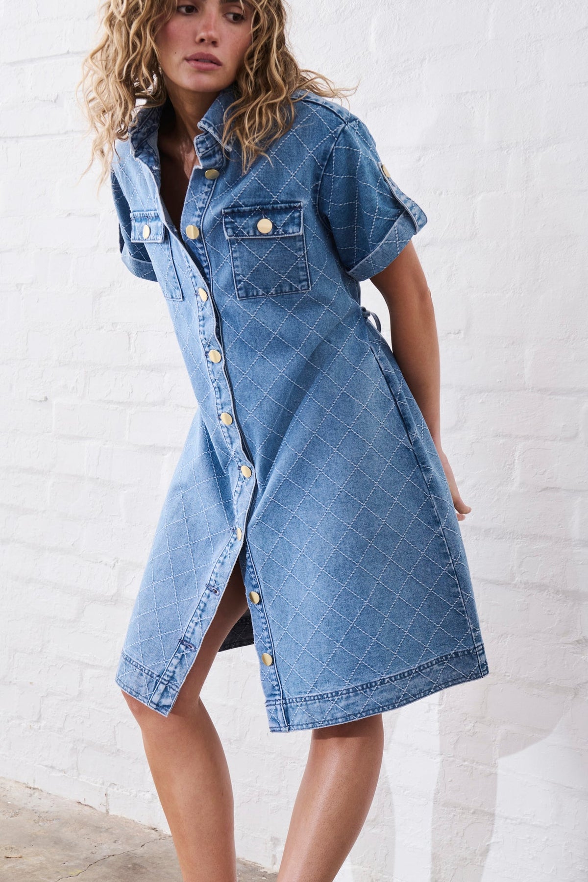 Kireina | Simone Dress | Check Stitch 70s Blue