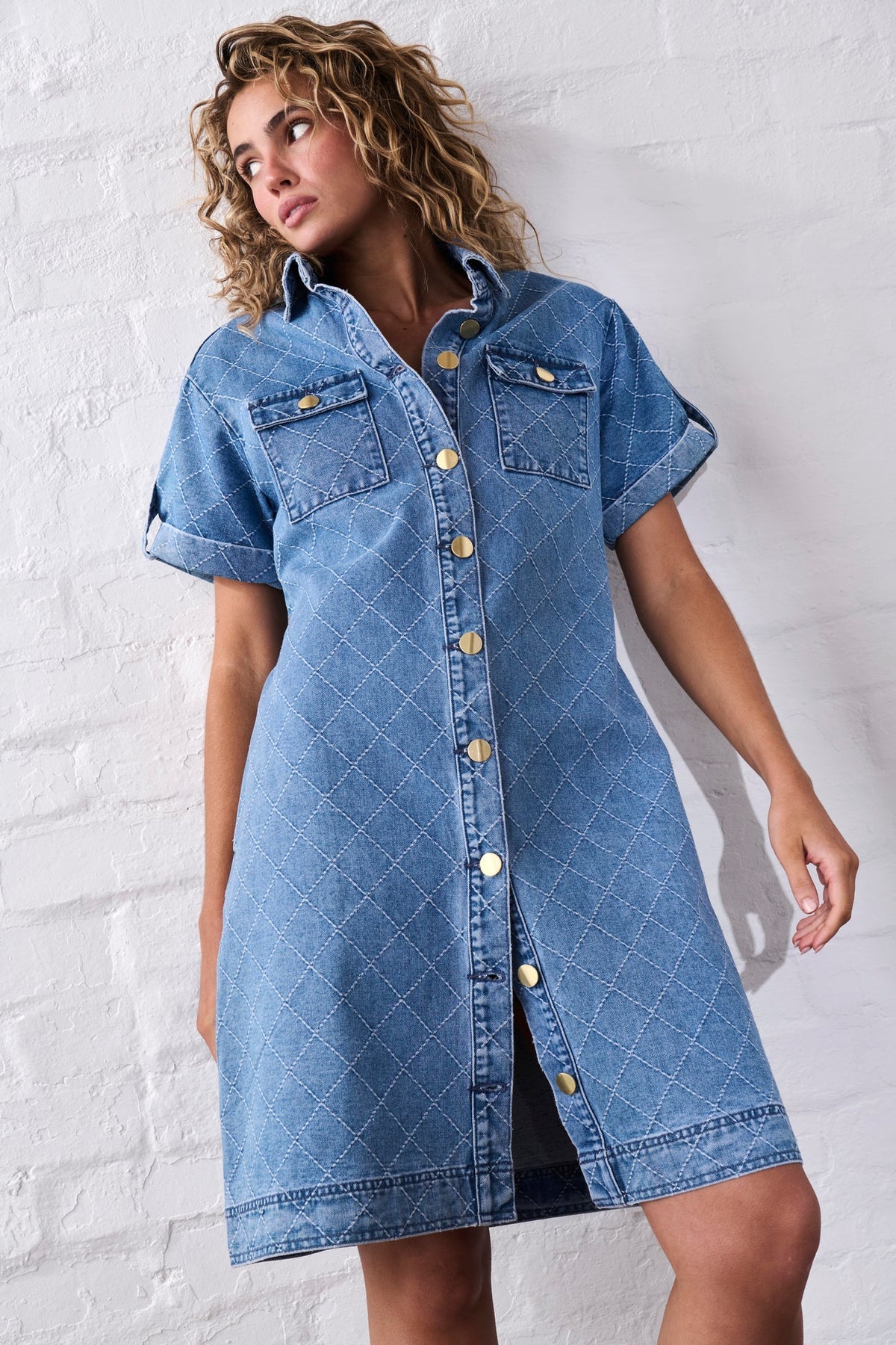 Kireina | Simone Dress | Check Stitch 70s Blue