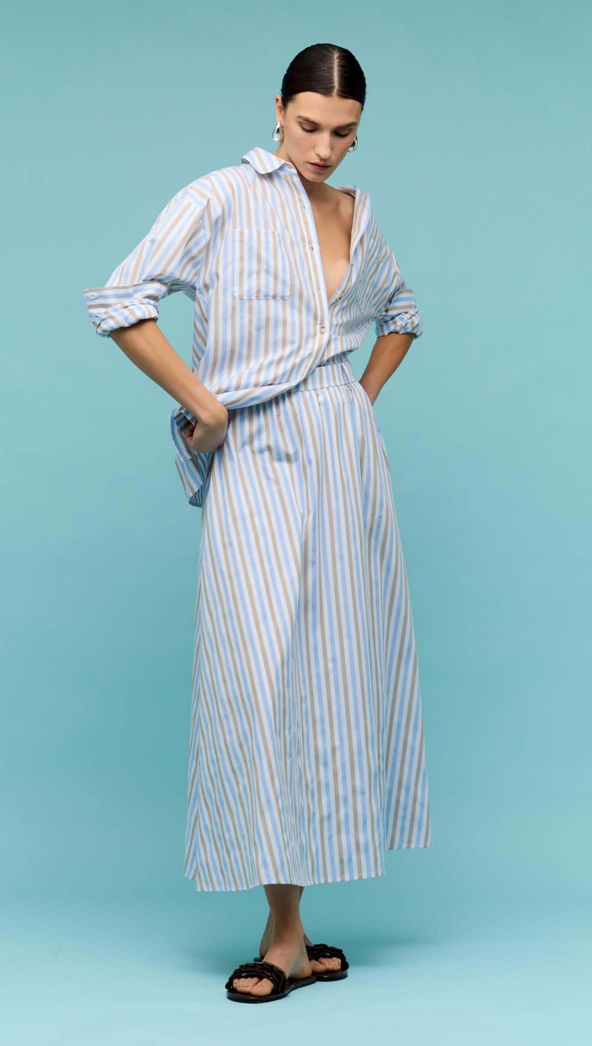 Staple The Label | Marcella Maxi Skirt | Blue/Brown Stripe