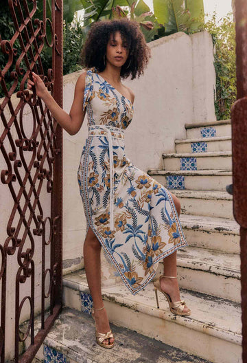 Once Was | Amira One Shoulder Tie Linen Viscose Dress | Golden Medina