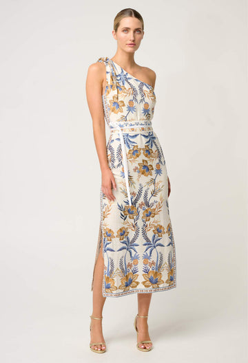 Once Was | Amira One Shoulder Tie Linen Viscose Dress | Golden Medina