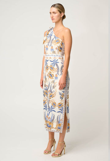 Once Was | Amira One Shoulder Tie Linen Viscose Dress | Golden Medina