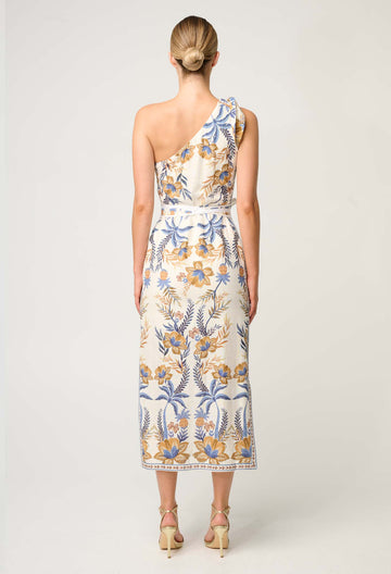 Once Was | Amira One Shoulder Tie Linen Viscose Dress | Golden Medina