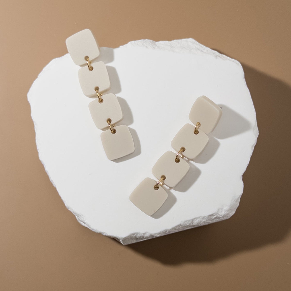 Mingled | Four Squared Long Drop Dangle Earrings | Ivory Beige