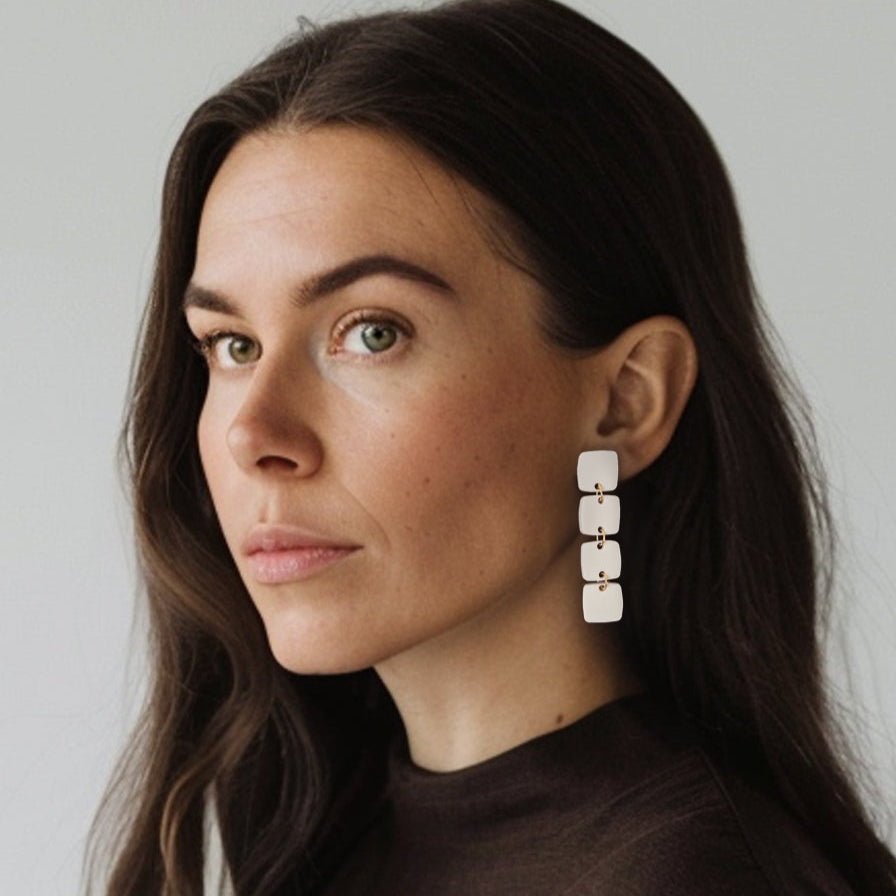 Mingled | Four Squared Long Drop Dangle Earrings | Ivory Beige